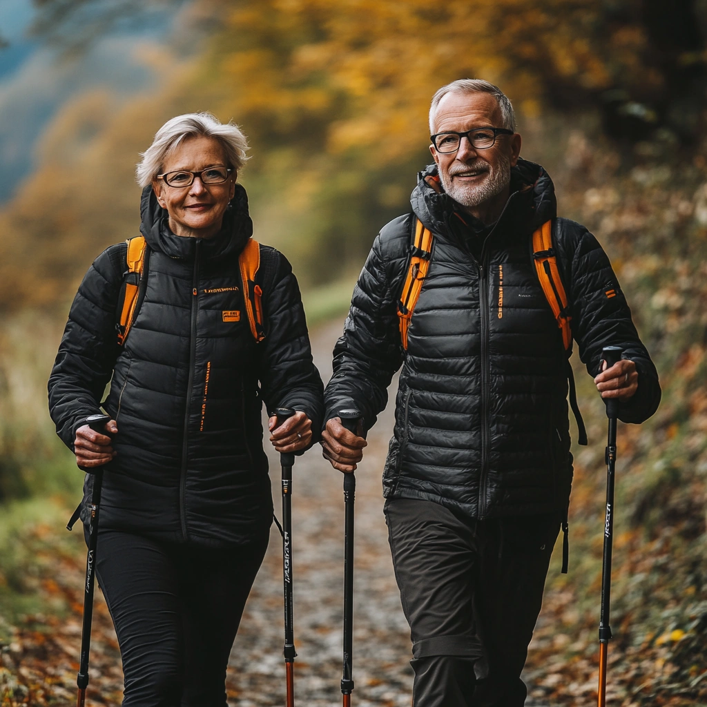 Пенсіонери займаються скандинавською ходьбою