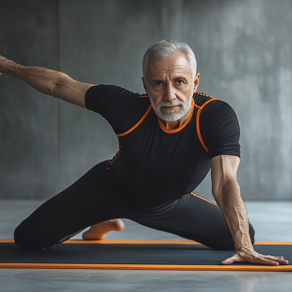 Пенсіонер виконує вправу на розтяжку